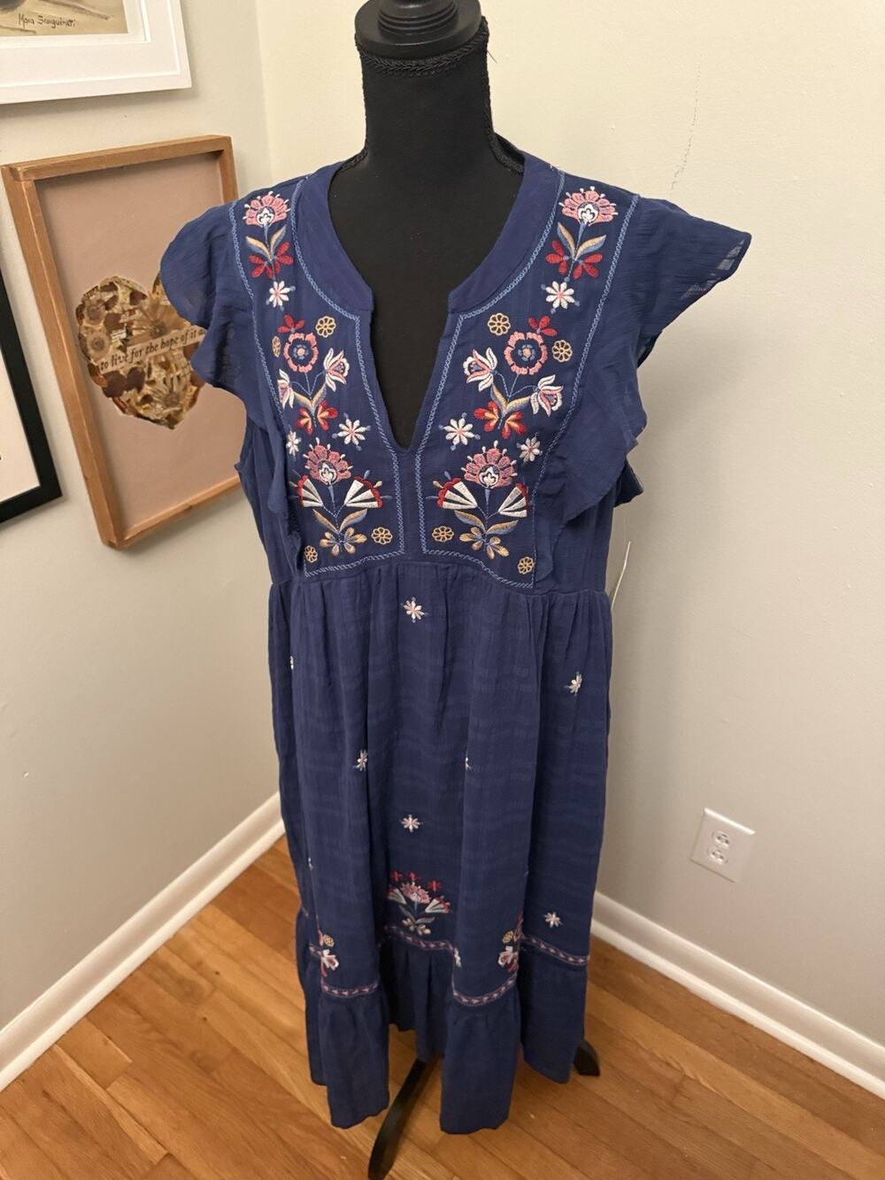 NWT Nurture By Westbound Maxi Sundress Navy Starry Night XL Floral Embroidery